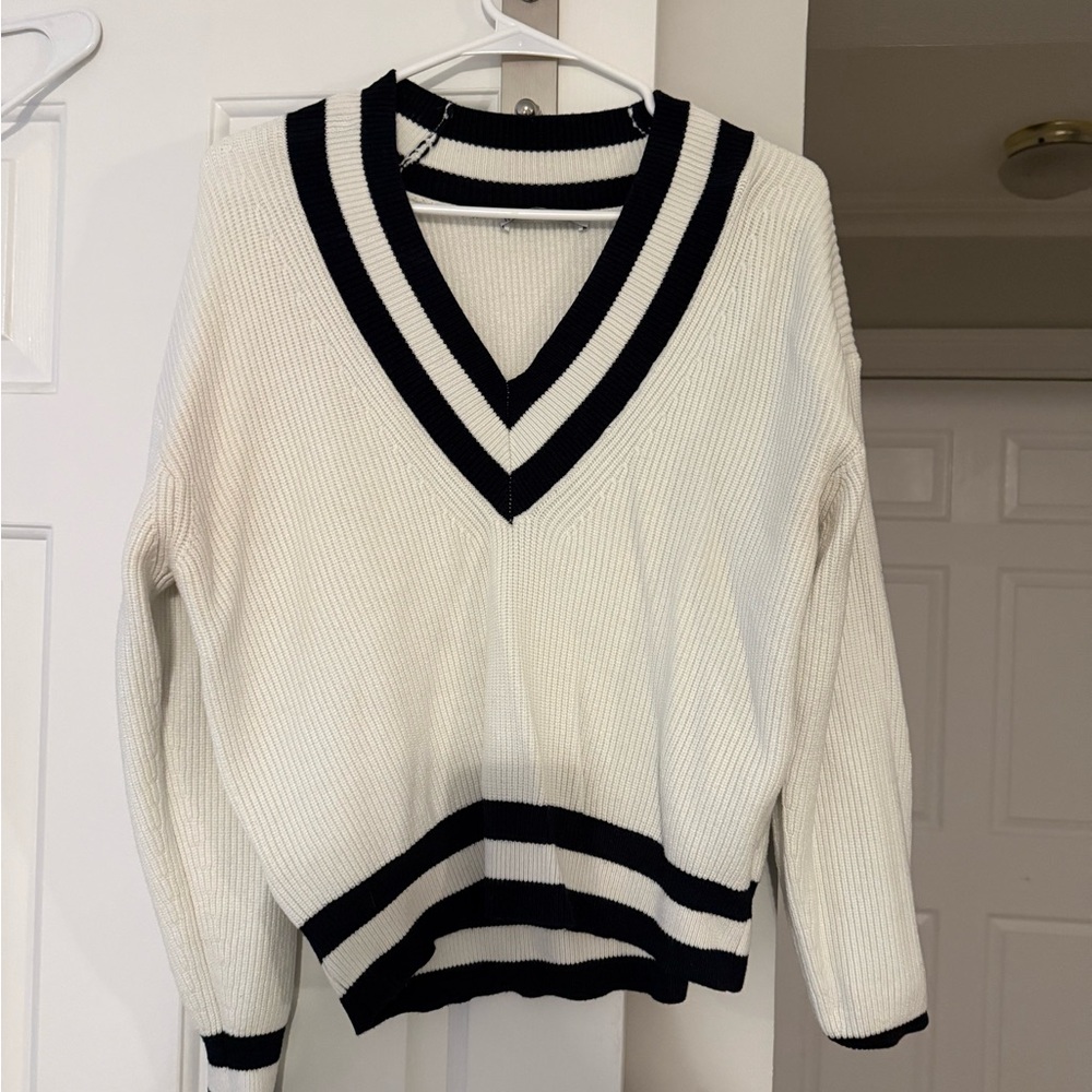 Mango Cream V‑Neck Stripe Knit Sweater - Black Trim